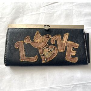 Vintage Wallet LOVE Tattoo Style Bohemian Boho Hinged Wallet Long Clutch Brown
